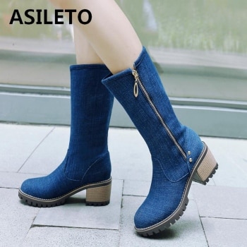 Thick high heels spring summer shoes mid-calf boots zip blue denim booties western cowboy jeans botas mujer 1