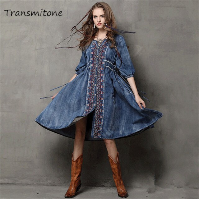 V-Neck A-Line Loose Denim Dresses  1