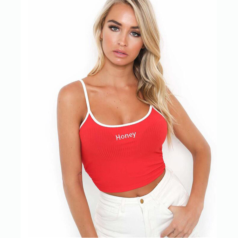 Sexy Women Crop Top 2021 Summer Honey Letter Embroidery Strap Tank Tops Cropped Feminino Ladies Elastic Shirt Vest Camisole 1