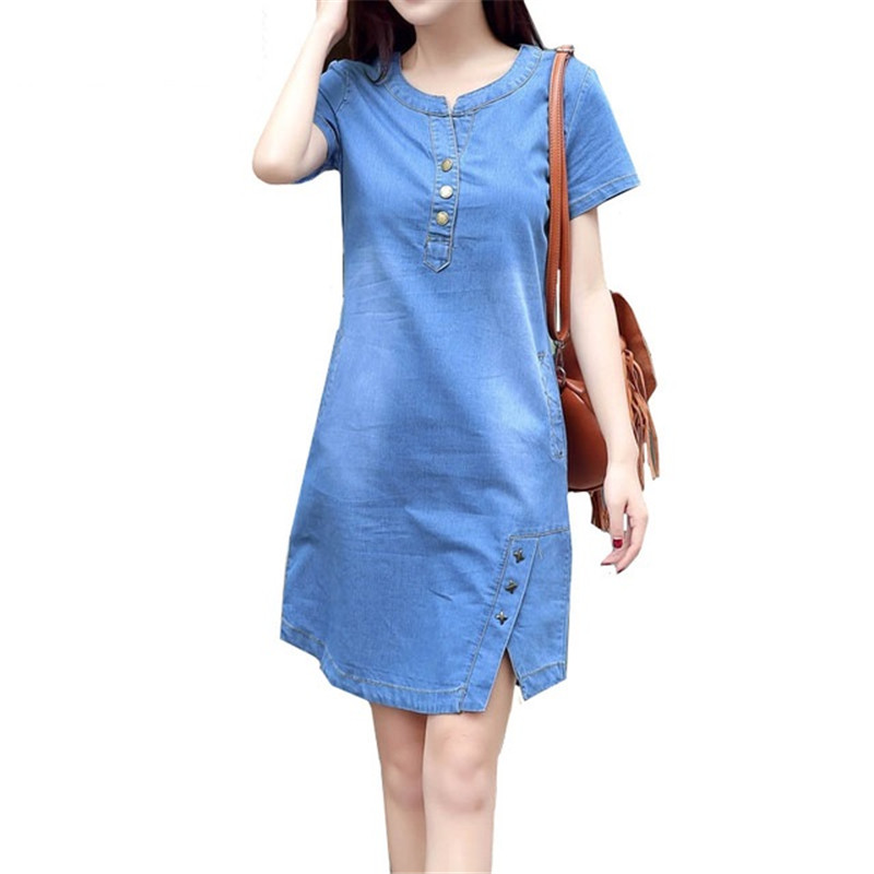 Korean Plus Size Denim Dress For Women Summer Dress 2019 Casual With Button Pocket Sexy Mini Jeans Dress Vintage Large Size 3XL 1