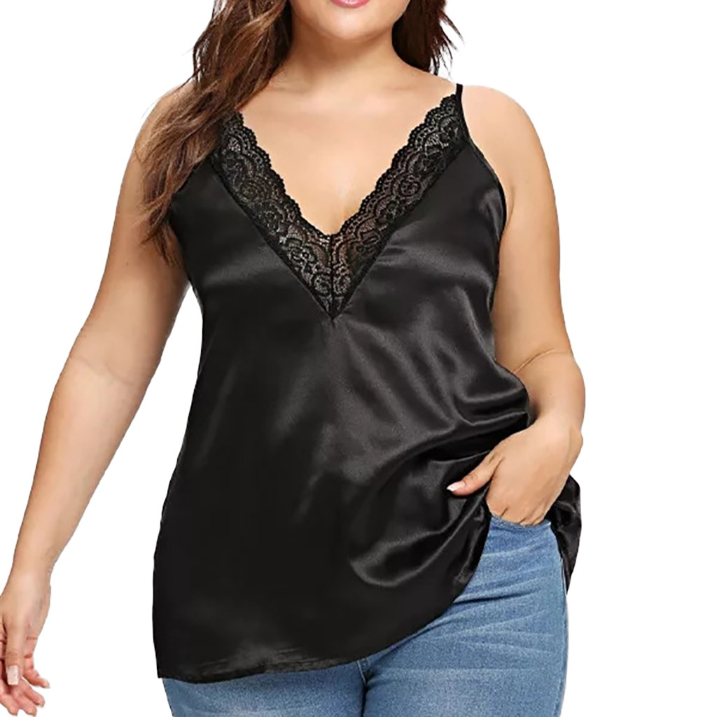 Summer Plus Size XL-5XL Lace Camisole Women Casual V-Neck Sleeveless Solid Black Lace Tank Tops Ladies Loose Vest /PT 1