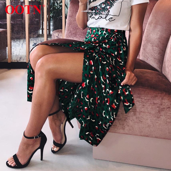 OOTN Vintage Leopard Print Long Skirts Women High Waist Midi Skirt Bow Tie Christmas Sexy Split Wrap Skirt Ladies Green Beach 1