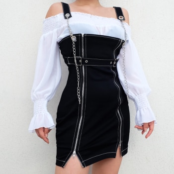 Style Metal Chain Strap Zipper Split Sexy Mini Denim Dress 3