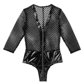 Womens See Through Fishnet Bodycon Faux Leather Splice 3/4 Sleeve High Cut Front Zipper Teddy Bodysuit Pole Dance Sexy Clubwear 5