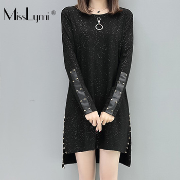 Large Size Women Black T shirt Dress Autumn 2022 Streetwear Style Fashion Long Sleeve Patchwork PU Leather Rivet Dresses 1