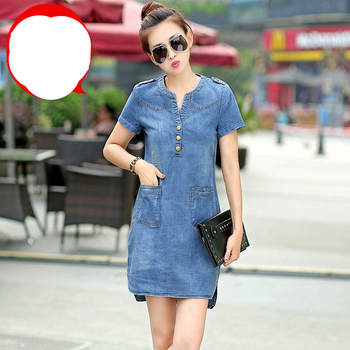 Plus Size 5XL Summer Style Denim Dresses Women V-Neck Short Sleeve Slim Jeans Dress With Pockets Vestidos Women Clothing 3