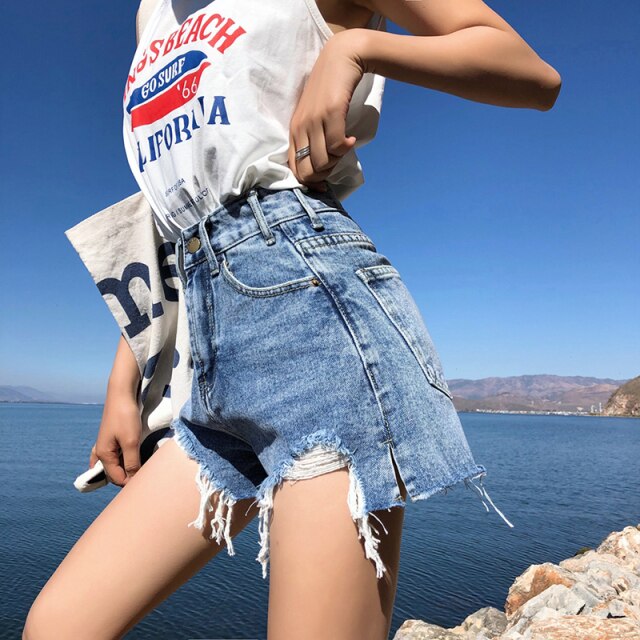 High Waist Ripped Cool Blue And Black Shorts s 2