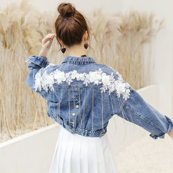 2019 Spring Autumn Floral Appliques Tassel Women Short Demin Jacket Korean Casual Chains Loose Femme Short Jean Coat Female Tops 1