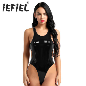 Fashion Women Adults One-piece Wetlook PU Leather Sleeveless Backless High Cut Tank Thong Clubwear Leotard Bodysuit Nightwear 1