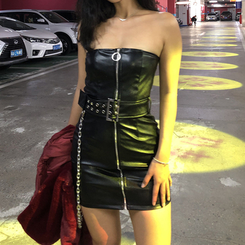 Women Spring Goth Style Black PU Leather Zipper Dress 2019 New Fashion Metal Chain Decoration Punk girl Sleeveless Dress Vestido 1