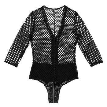 Womens See Through Fishnet Bodycon Faux Leather Splice 3/4 Sleeve High Cut Front Zipper Teddy Bodysuit Pole Dance Sexy Clubwear 6