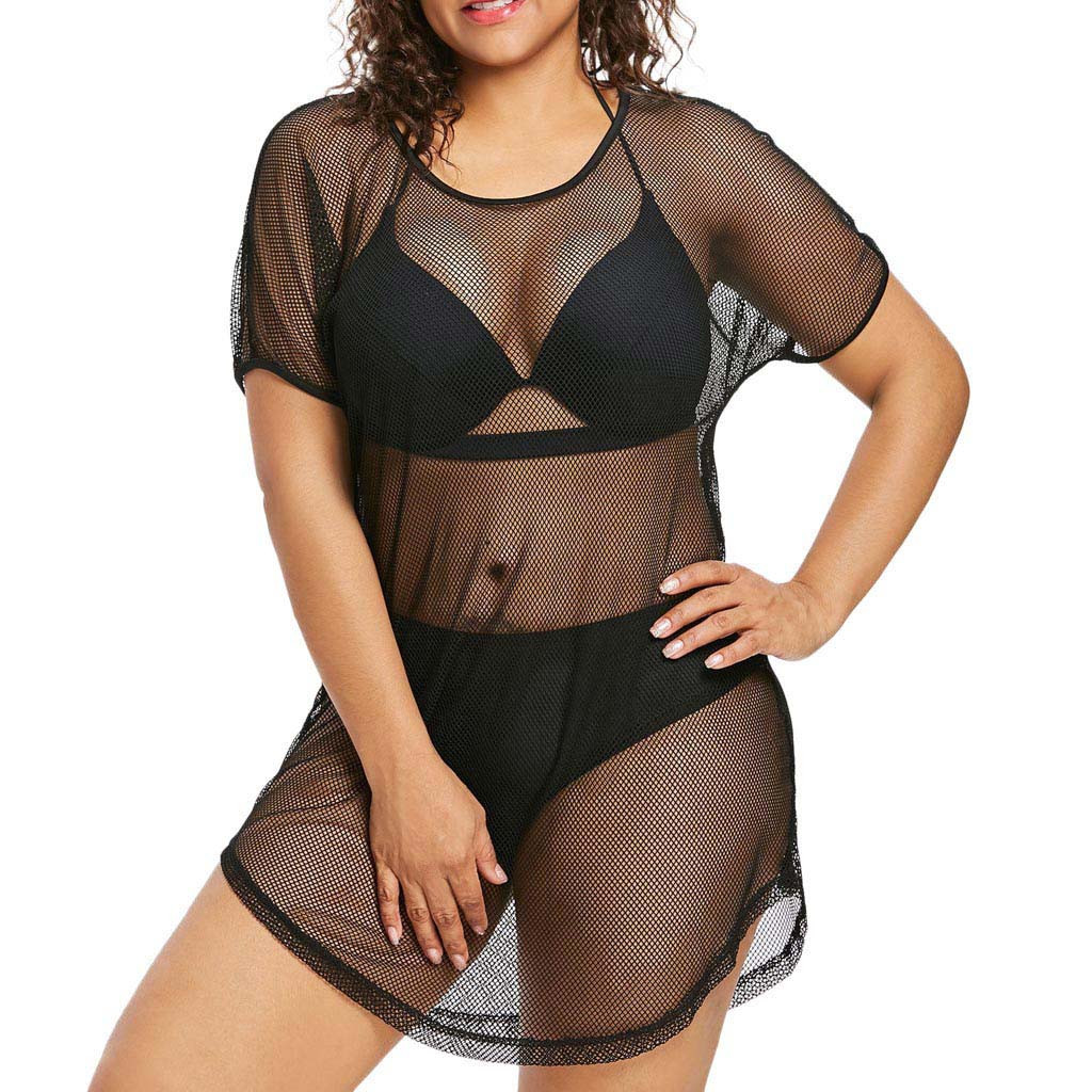 Women Plus size Mesh Bikini Cover O-Neck Bikini Cover Up Swimwear Bathing Mesh Beach Dress Beach  Tops 1