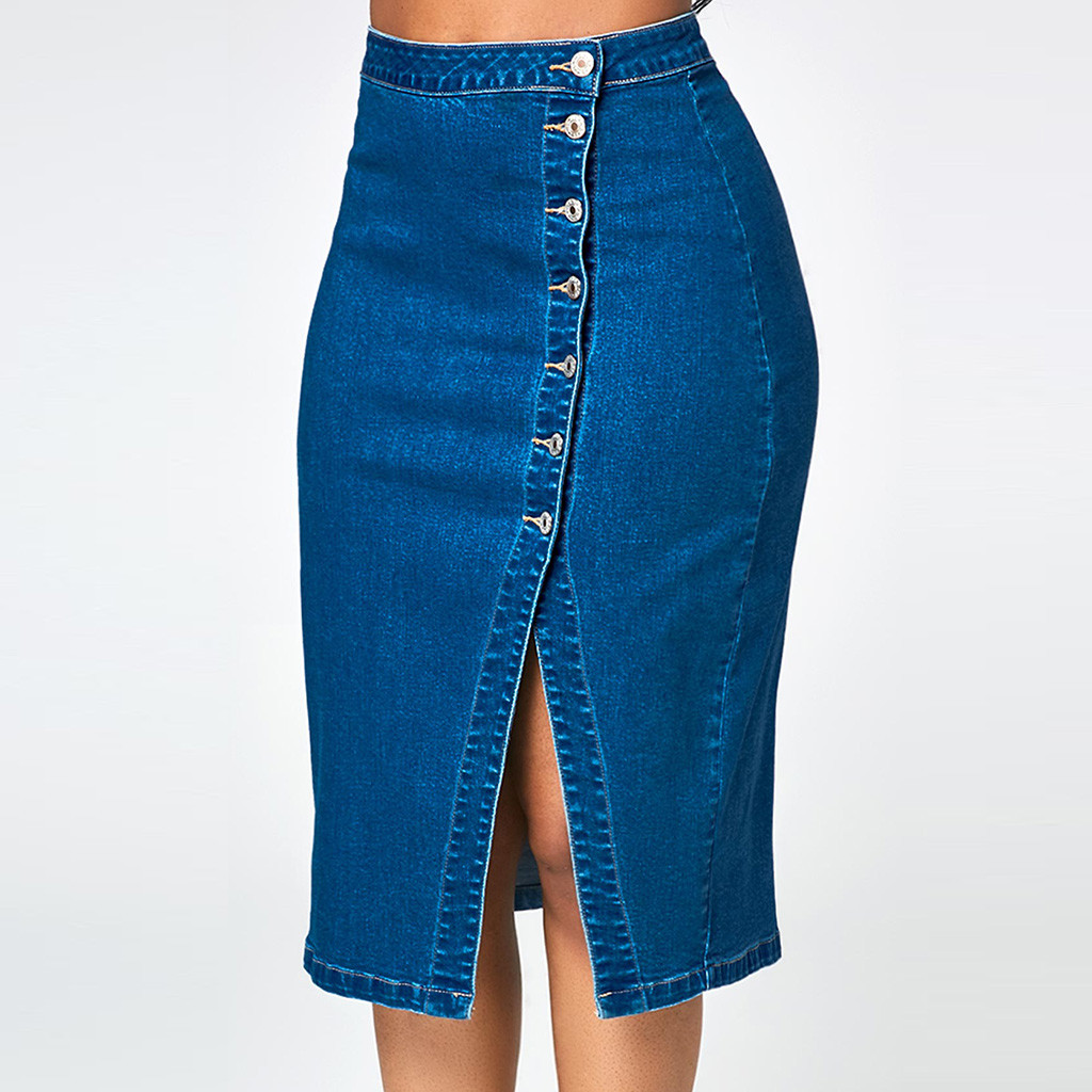 Casual Midi Denim Skirts Womens Elastic High Waist Knee Length High Split Button Pencil Skirts Blue Jeans Skirt Jupe Femme Ropa 1