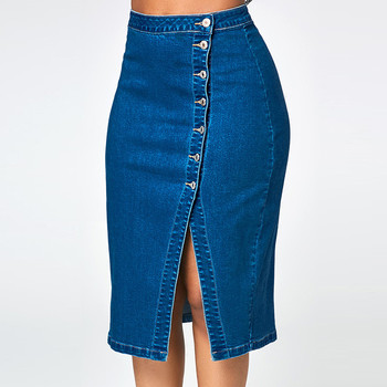 Casual Midi Denim Skirts Womens Elastic High Waist Knee Length High Split Button Pencil Skirts Blue Jeans Skirt Jupe Femme Ropa 1