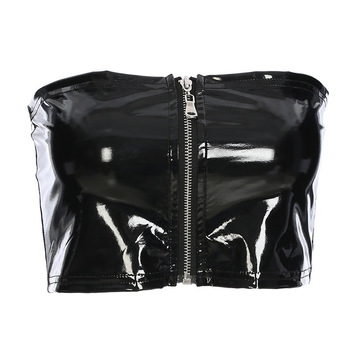 Black Women Sexy Wet Look Faux Leather PVC Vinyl Shiny Zipper Bandeau Bra Tube Bandage Bralet Crop Tank Top Bralette Bustier 5