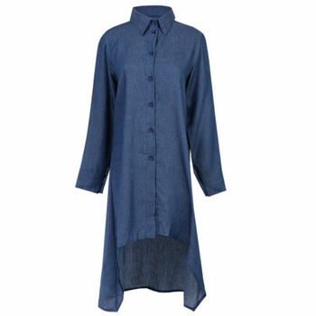 New Women's Blue Jeans Denim T-Shirt Long Sleeve Casual Loose Shirt Mini Dress Solid Blue Button Asymmertrical Dress 4