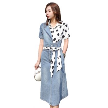 Simple chiffon denim dress with sashes turn down collar  1