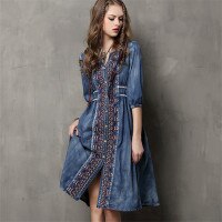 V-Neck A-Line Loose Denim Dresses  2