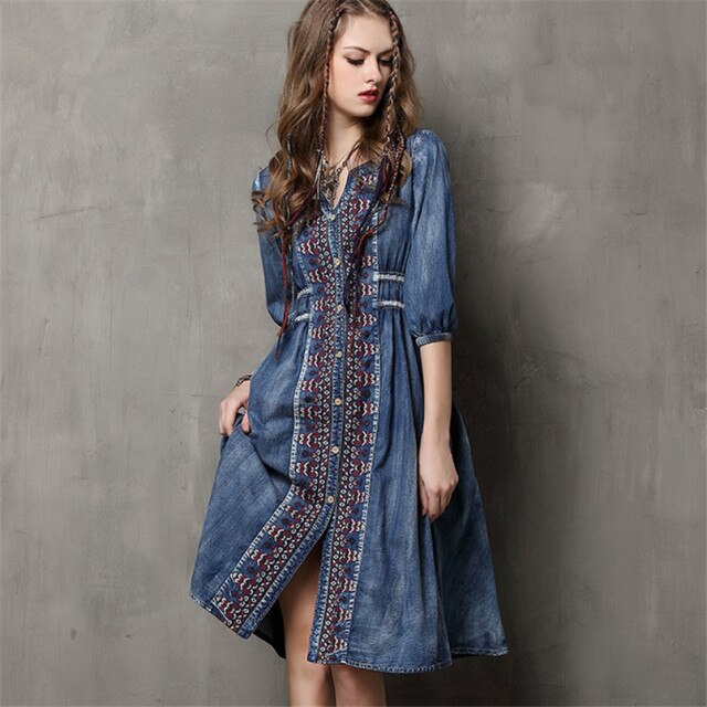 V-Neck A-Line Loose Denim Dresses  2