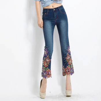 FERZIGE Brand Beautiful Handmade Beading Embroidery Pants Women Elastic Skinny Sexy Jeans High Waist Flare Pants Plus Size 36 1