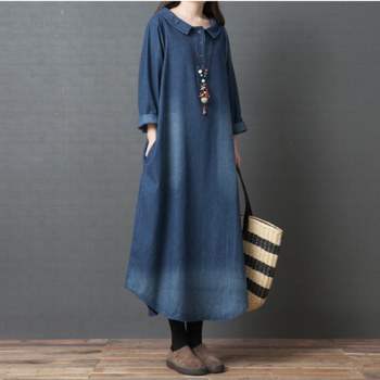 Johnature Spring New Denim Long Dress 2021 Loose Turn-down collar Long Sleeve Cotton Blue Dress 1