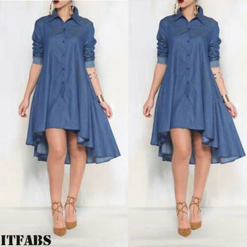 New Women's Blue Jeans Denim T-Shirt Long Sleeve Casual Loose Shirt Mini Dress Solid Blue Button Asymmertrical Dress 2
