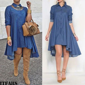 New Women's Blue Jeans Denim T-Shirt Long Sleeve Casual Loose Shirt Mini Dress Solid Blue Button Asymmertrical Dress 5