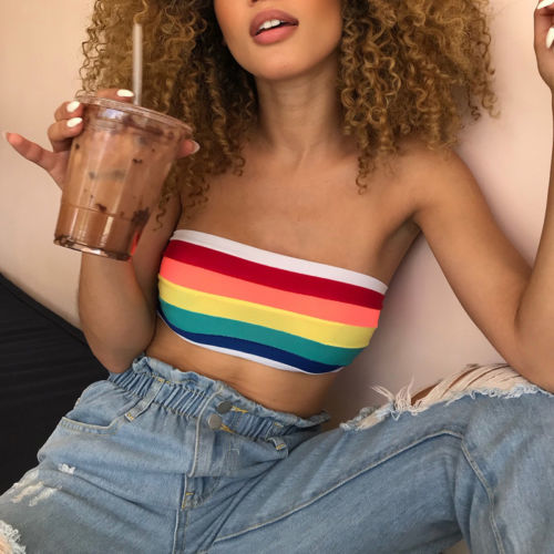 Summer Women Rainbow Sexy Off-shoulder Tube Crop Tops Strapless Bra Vests 1