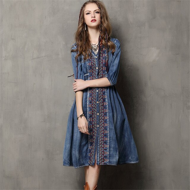 V-Neck A-Line Loose Denim Dresses  3