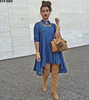 New Women's Blue Jeans Denim T-Shirt Long Sleeve Casual Loose Shirt Mini Dress Solid Blue Button Asymmertrical Dress 3