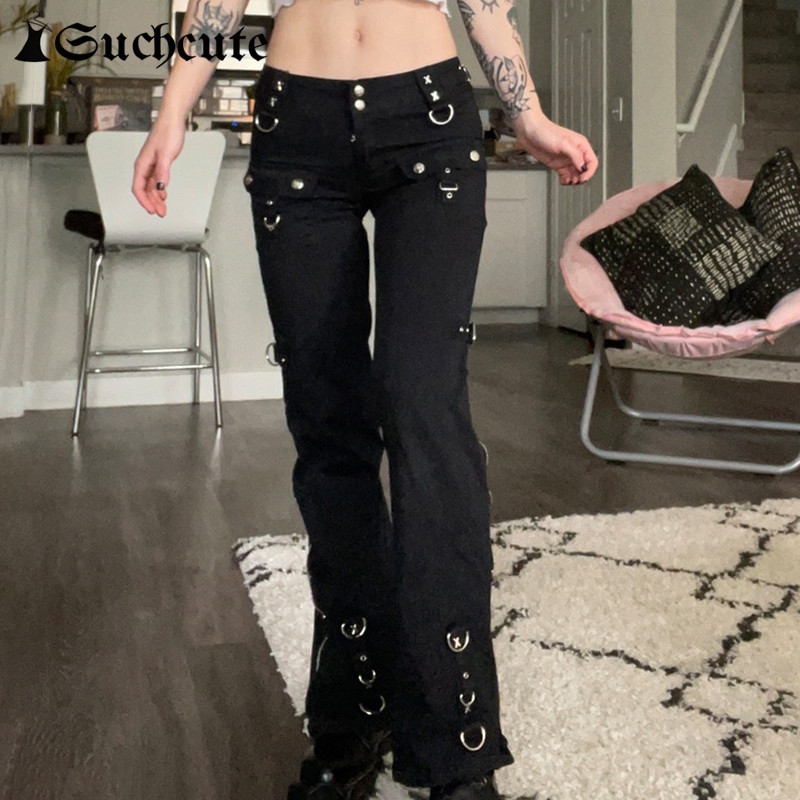 SUCHCUTE Punk Rivets Zipper Black Straight Jeans Gothic Low Waist Women Denim Trousers Aesthetic Streetwear Dark Academia Pants 1