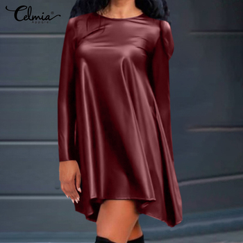 Women PU Leather Dress Celmia Fashion 2022 New Casual O Neck Long Sleeve Swing Mini Vestidos Asymmetrical Hem Streetwear Dresses 1