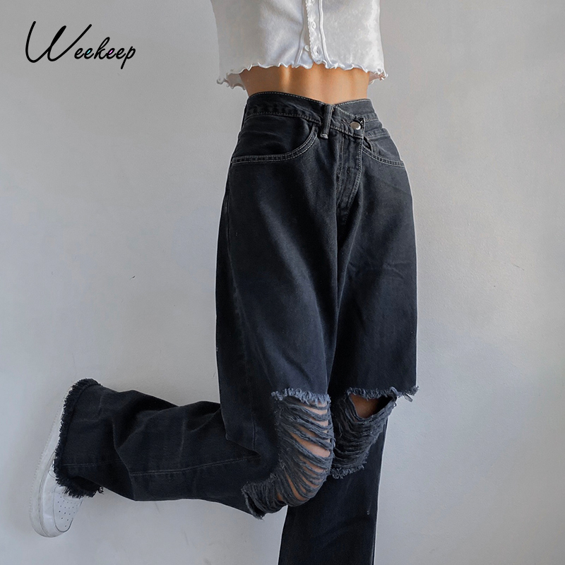 Weekeep New Fashion Holes High Waist Jeans Femme Pantalon 90s Vintage Streetwear Loose Korean Trousers Joggers Women Denim Pants 1