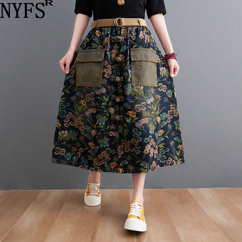 NYFS 2021 New Autumn Woman Jeans Skirt Fashion National style big pocket Denim Skirt Faldas Mujer Saias(With Belt) 1