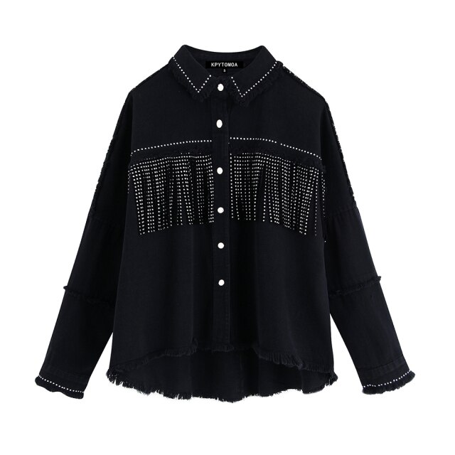 Vintage Stylish Fringe Beaded Loose Denim Jacket  6