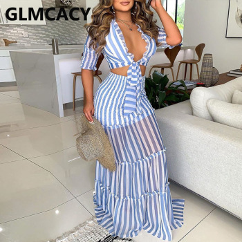 Women Stripes Two Piece Dress Sets Suits Short Sleeve Tie Front Top and Long Maxi Skirt Set 3