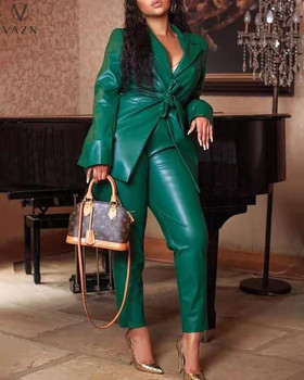 VAZN 2021 New PU Leather High-end Solid Suit Set Women Of Quality Office Lady Full Sleeve Long Pants Slim Women 2 Piece Set 1