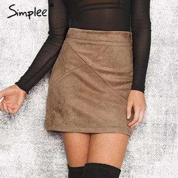Simplee Autumn Vintage Leather Skirts Winter Suede Pencil Skirt Cross High Waist Zipper Skirt Split Bodycon Mini Women Skirts 1