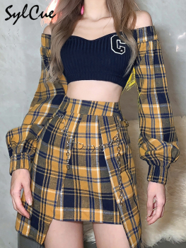 Sylcue Youth Stitching Contrast Color Plaid Beautiful Wild One-Line Collar Long-Sleeved Short Top With A-Line Skirt 2 Two-Piece 1