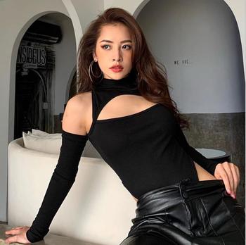 High Fashion Women’s Long-sleeved Bodysuit Solid Color Hollow Off-shoulder Half High Collar Jumpsuit 5
