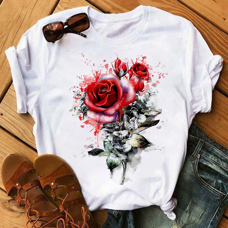 Women T Shirt Rose Flower Graphic Printing Short-sleeved Tops Summer Casual Ladies Harajuku OverSize Woman Tee Clothes Aesthetic 1