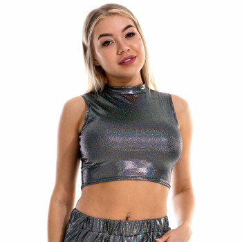 Shiny Holographic Metallic Tank Tops Vest Sexy Slim Turtleneck Sleeveless Crop Top Women Cropped Tops For Rave Club Dance 1