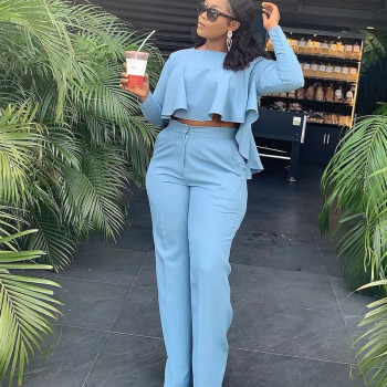 Elegant Work Wear Two Piece Set Fall Clothes for Women Ruffles Crop Top and Wide Leg Pants Suits Matching Sets Sexy Club Outfits 1