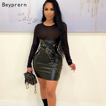 Beyprern Hot Womens Mesh Patchwork PU Leather Mini Dress Sexy Clubwear New Fashion Buckle Belted Leather Party Club Dress Robes 1