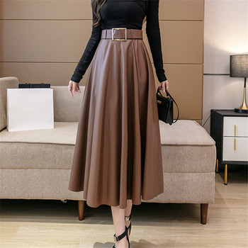 REALEFT 2021 New Autumn Winter PU Leather mi-long Women's Skirts with Belted High Waist  A-line Skirt Mid-calf Umbrella Skirts 3