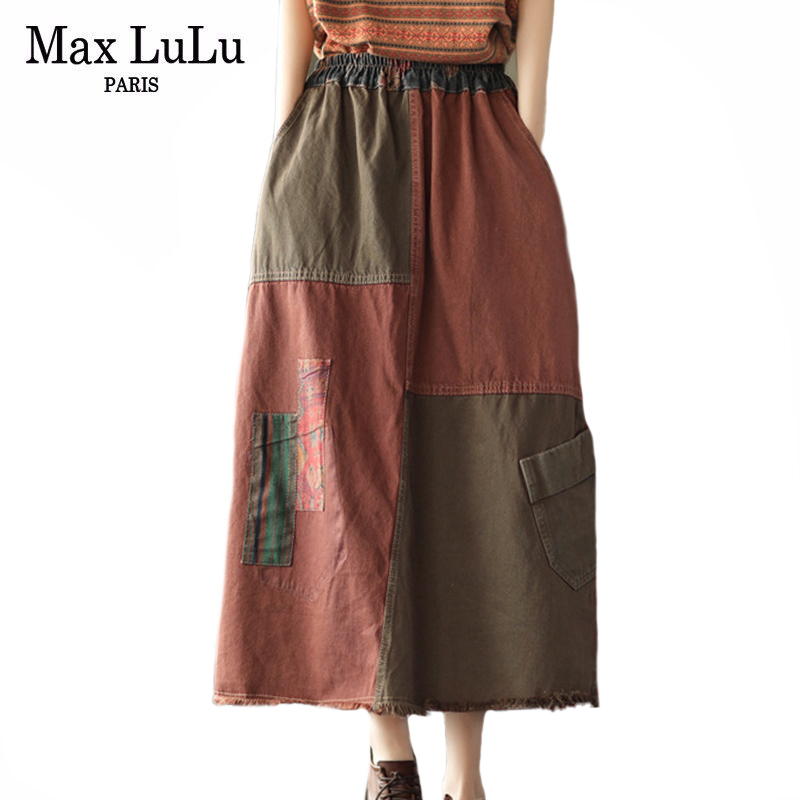 Max LuLu Chinese Style Spring Womens Denim Patchwork Skirt Ladies Elastic Long Skirts Female Vintage Elegant Clothes Plus Size 1