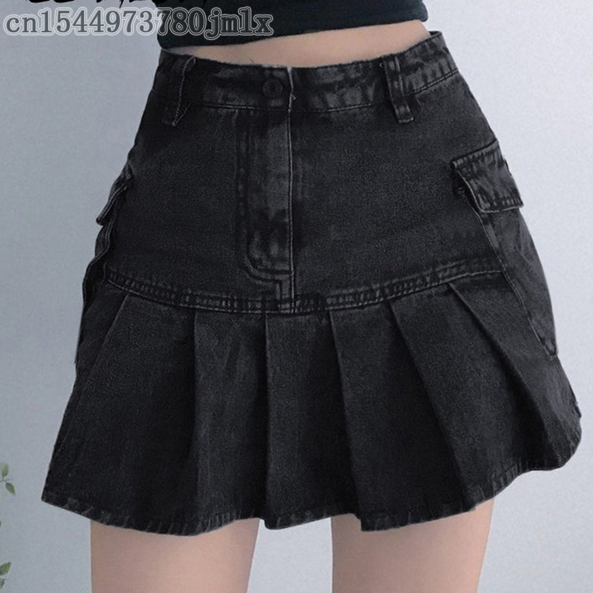 Electronic Girl, High Waist Black Denim Pleated Skirt, Big Pockets, Rock And Roll, Punk Style Clothing Y2K 1