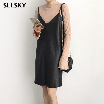 SLLSKY New Women's Leather Dress Casual 2021 Autumn V-neck PU Leather Dresses Black Sexy Female Spaghetti Strap Shorts Dress 1