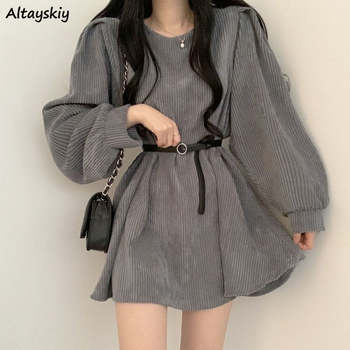 Women Corduroy Dress Vintage Belt Slim Long Sleeve Mini Dresses Fashion Elegant Solid Round Neck Autumn Winter Streetwear Chic 1