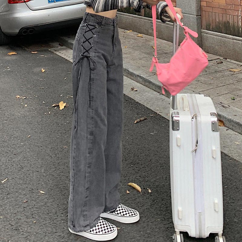 Fashion Gothic High Waist Jeans Women Chic Side Lace Up Wide Leg Denim Pants Female Harajuku Y2K Streetwear Straight Trousers 1